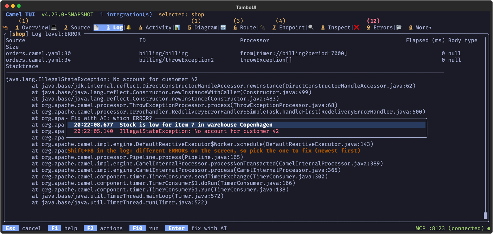 Shift+F8 in the Log tab with two different ERRORs on the screen