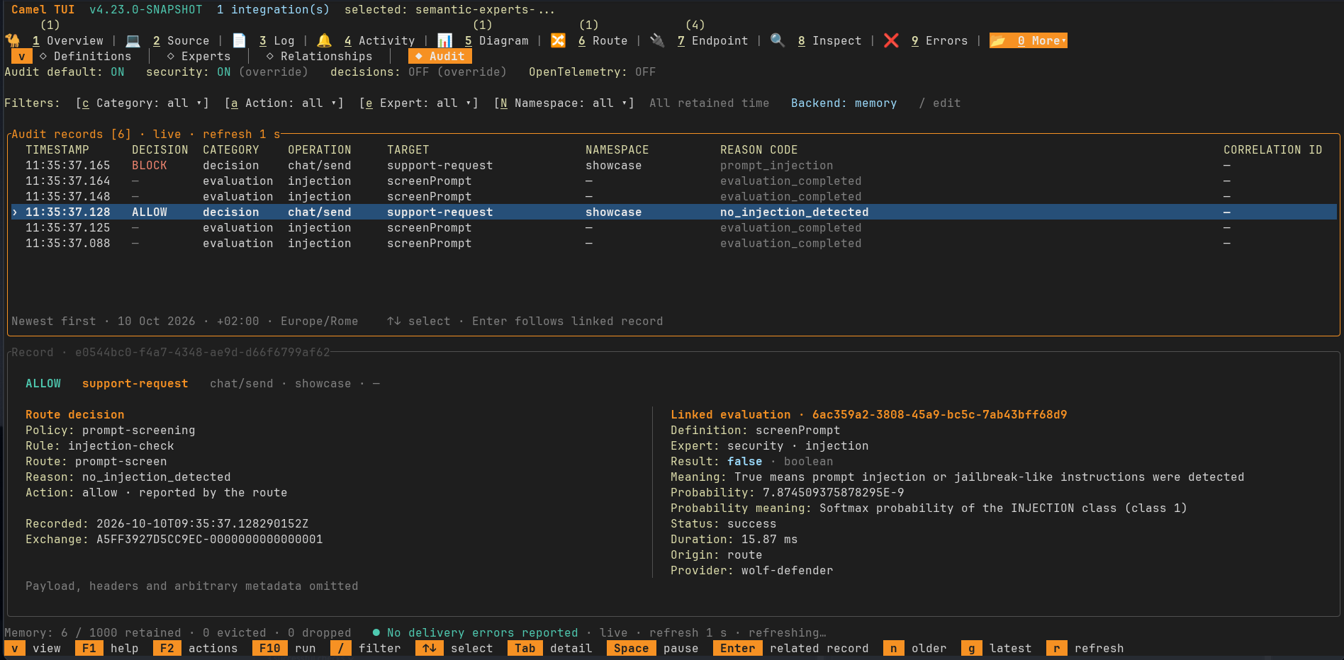 Semantic Audit showing an ALLOW decision beside its linked security evaluation with result false