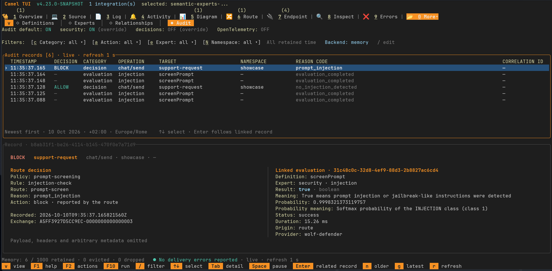 Semantic Audit showing a BLOCK decision beside its linked security evaluation with result true